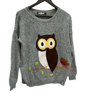 Paper Plane Grey Sweater Owl Motif Round Neck.